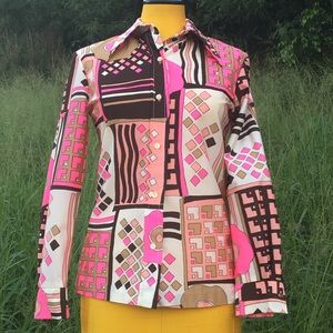 VINTAGE Loubella Extendables 60s/70s nylon mod novelty art print blouse